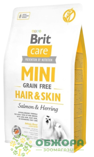 Brit Care GF Hair and Skin Mini Salmon, Herring беззерновой сухой корм для собак миниатюрных пород, для шерсти и кожи, гипоаллергенный с лососем и селедкой_2