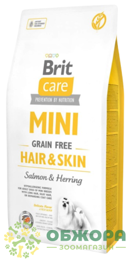 Brit Care GF Hair and Skin Mini Salmon, Herring беззерновой сухой корм для собак миниатюрных пород, для шерсти и кожи, гипоаллергенный с лососем и селедкой_3