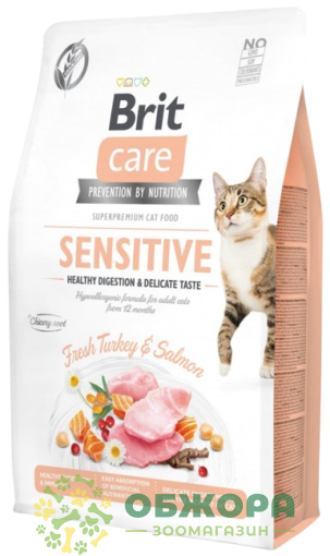 Brit Care GF Sensitive Turkey, Salmon беззерновий сухий корм для котів з чутливим травленням, з індичкою та лососем_1