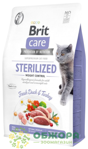 Brit Care GF Sterilized Duck, Turkey беззерновий сухий корм для стерилізованих котів, з качкою та індичкою_1