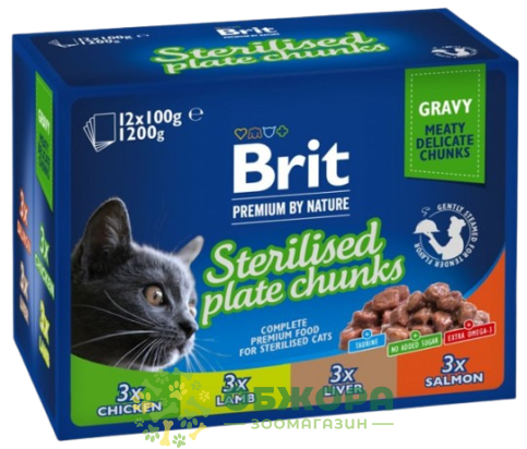 Brit Premium Sterilised Plate вологий корм для котів, набір в соусі з куркою, ягням, лівером та лососем