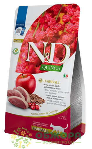 Farmina N&D Quinoa GF Hairball Duck беззерновой сухой корм для котов, для вывода шерсти, с уткой, киноа, яблоком и клюквой