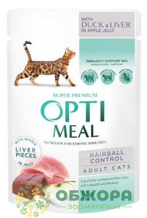 Optimeal Hairball Control Duck, Liver 3+1 набір вологого корму для котів, для виведення шерсті, з качкою, печінкою та яблуком_1