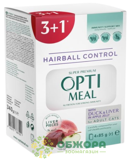 Optimeal Hairball Control Duck, Liver 3+1 набір вологого корму для котів, для виведення шерсті, з качкою, печінкою та яблуком