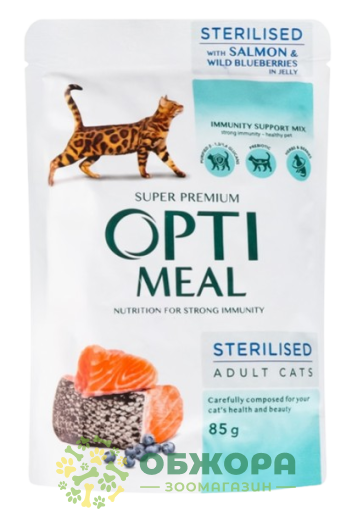 Optimeal Sterilised Salmon вологий корм для стерилізованих котів, в желе з лососем та чорницею