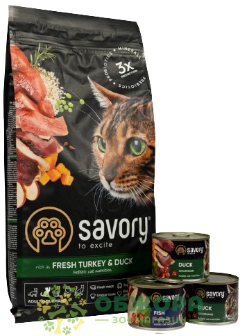 Savory Gourmand Fresh Turkey and Duck сухий корм для вибагливих котів, з індичкою та качкою + вологий корм Duck pate та Fish pate_1