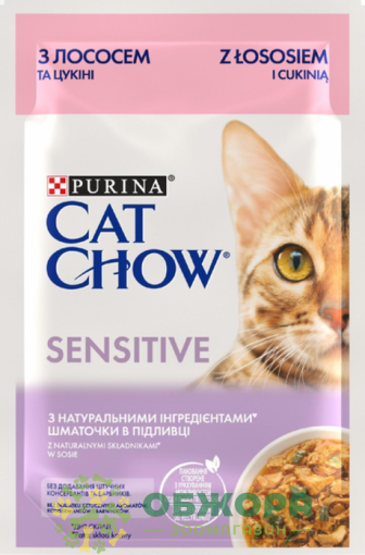 Cat Chow Sensitive Salmon вологий корм для котів з чутливим травленням, в желе з лососем та цукіні