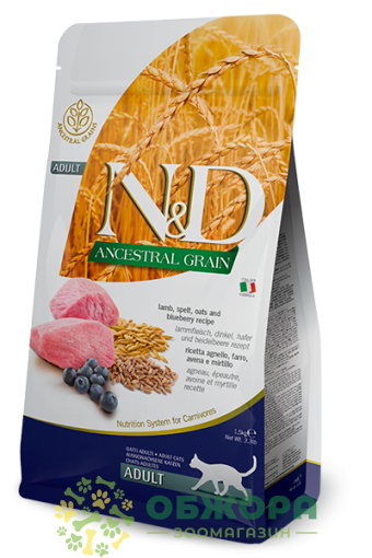 Farmina N&D Ancestral Grain Lamb малозерновий сухий корм для котів, з ягням, вівсом та чорницею