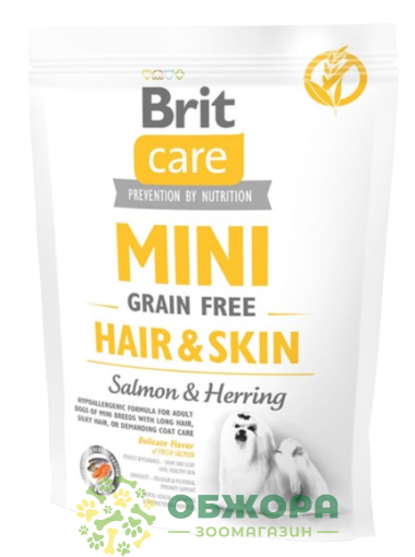 Brit Care GF Hair and Skin Mini Salmon, Herring беззерновий сухий корм для собак мініатюрних порід, для шерсті та шкіри, гіпоалергений з лососем та оселедцем