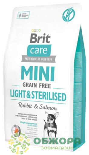 Brit Care GF Light, Sterilised Mini Rabbit, Salmon беззерновой сухой корм для стерилизованных собак миниатюрных пород, контроль веса, с кроликом и лососем_1
