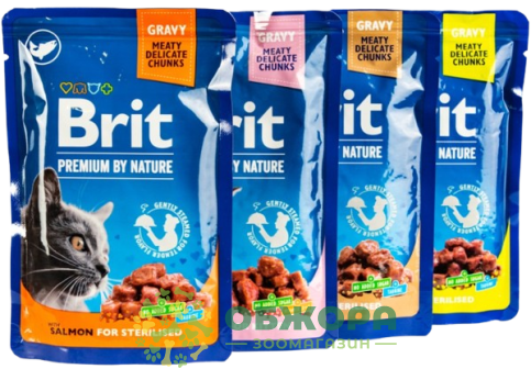 Brit Premium Sterilised Plate влажный корм для котов, набор в соусе с курицей, ягненком, ливером и лососем_1