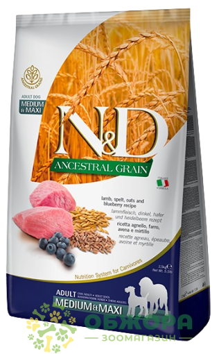 Farmina N&D Ancestral Grain Medium, Maxi Lamb малозерновой сухой корм для собак средних и крупных пород, с ягненка, овсом и черникой
