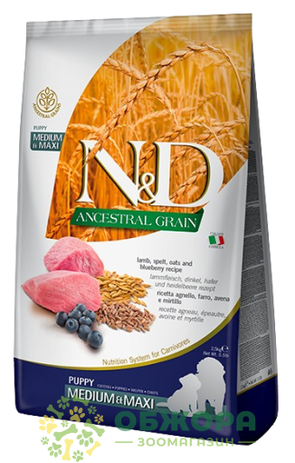 Farmina N&D Ancestral Grain Puppy Medium, Maxi Lamb малозерновий сухий корм для цуценят середніх та великих порід, з ягням, ягня, вівсом та чорницею
