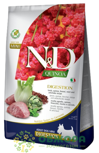 Farmina N&D Quinoa GF Digestion Mini Lamb беззерновой сухой корм для собак миниатюрных пород с чувствительным пищеварением, с ягненком, киноа и фенхелем