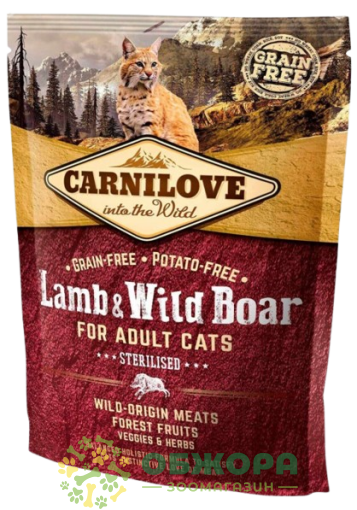 Carnilove GF Sterilised Lamb, Wild Boar беззерновий сухий корм для стерилізованих котів, з ягням та диким кабаном