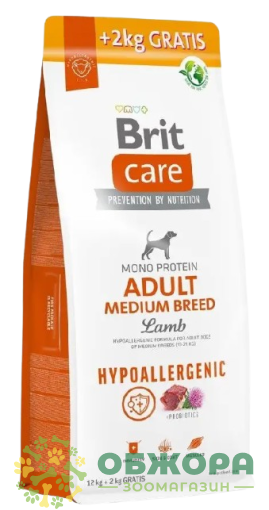 Brit Care Hypoallergenic Medium Lamb 12+2 кг сухой корм для собак средних пород, гипоаллергенный с ягненком