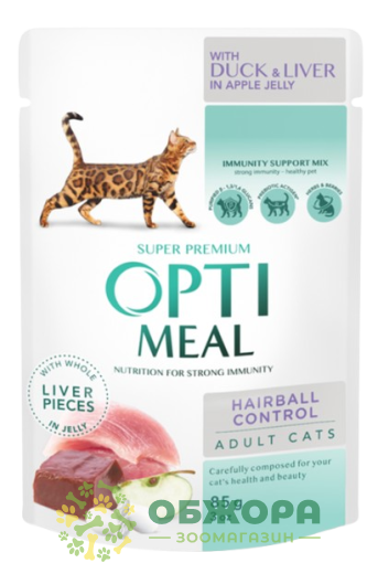 Optimeal Hairball Control Duck, Liver вологий корм для котів, для виведення шерсті, в желе з качкою, печінкою та яблуком